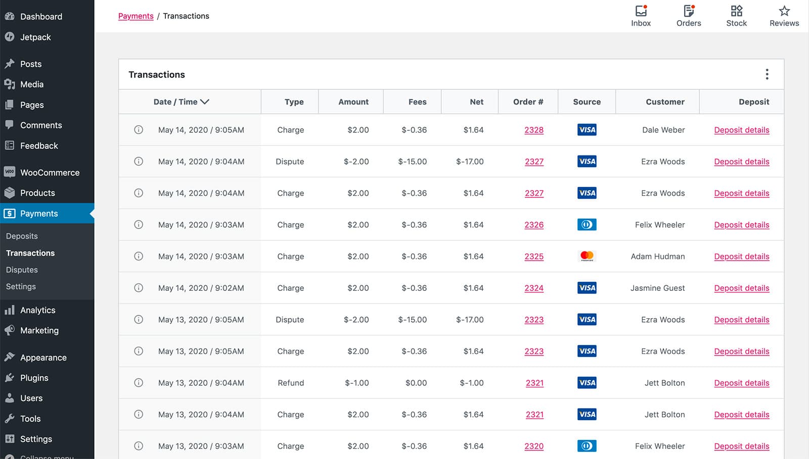 Woocommerce Payments Transactions Table -OnePoint Software Solutions